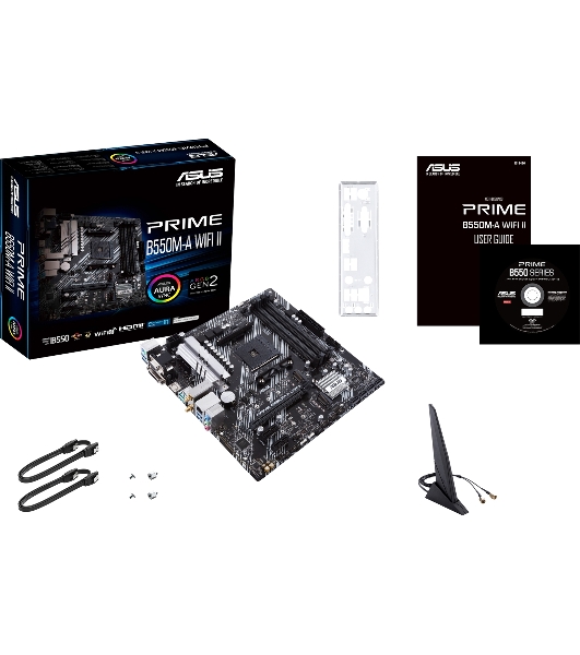 Материнская плата ASUS PRIME B550M-A WIFI II, AM4, AMD B550, 4xDDR4, 4xSATA, 2xM.2, 1xPCI-E 4.0 x16, 2xPCI-E x1, 1xDVI-D, 1xHDMI, 1xVGA, 1x 1Gb LAN, 2xUSB-A 3.2 Gen 2, 4xUSB-A 3.2 Gen 1, 3x3.5 мм, 7.1, Micro-ATX