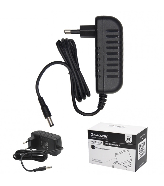 Блок питания GoPower 3.0A 12V 5,5x2,5/12мм импульсный (1/90)