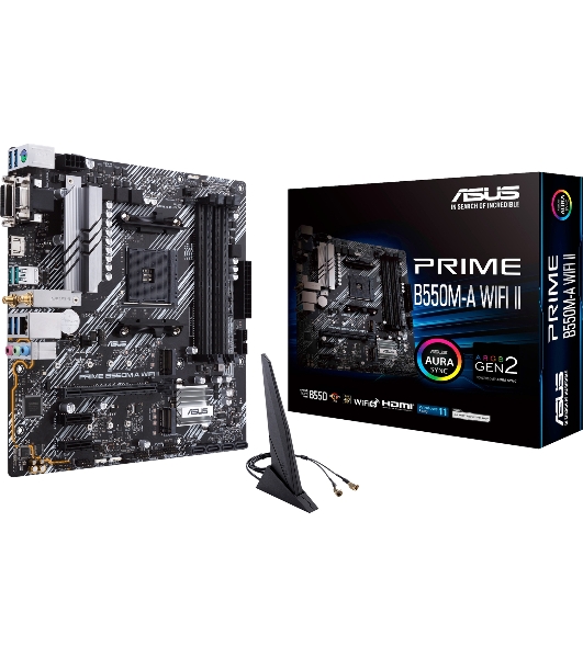 Материнская плата ASUS PRIME B550M-A WIFI II, AM4, AMD B550, 4xDDR4, 4xSATA, 2xM.2, 1xPCI-E 4.0 x16, 2xPCI-E x1, 1xDVI-D, 1xHDMI, 1xVGA, 1x 1Gb LAN, 2xUSB-A 3.2 Gen 2, 4xUSB-A 3.2 Gen 1, 3x3.5 мм, 7.1, Micro-ATX