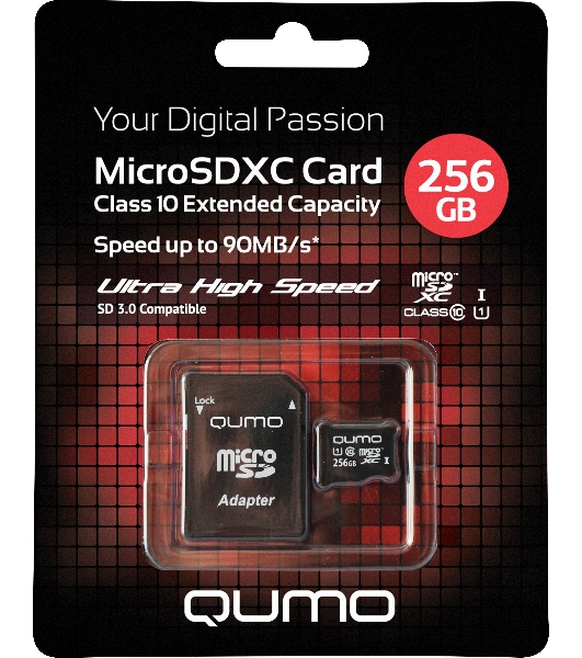 Карта памяти QUMO MicroSDXC 256 GB UHS-I, 3.0 , адаптер в комплекте SD, R/W 90/20 MB/s черно-красная картонная упаковка