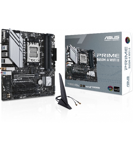 Материнская плата ASUS PRIME B650M-A WIFI II, AM5, AMD B650, 4xDDR5, 4xSATA, 2xM.2, 1xPCI-E 4.0 x16, 2xPCI-E 4.0 x1, 1xHDMI, 1xDP, 1xVGA, 1x 2.5Gb LAN, 2xUSB-A 3.2 Gen 2, 2xUSB-A 3.2 Gen 1, 4xUSB-A 2.0, 3x3.5 мм, 7.1, Micro-ATX