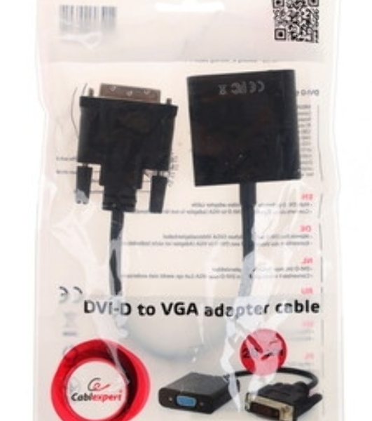Переходник DVI-D-VGA Cablexpert A-DVID-VGAF-01, 25M/15F, кабеля 0,2м, черный, пакет