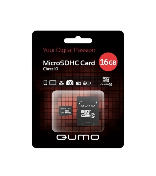 Флеш карта QUMO MicroSDHC 16Gb Сlass 10, адаптер в комплекте SD, черно-красная картонная упаковка
