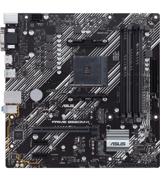 Материнская плата ASUS PRIME B550M-K, AM4, AMD B550, 4xDDR4, 4xSATA, 2xM.2, 1xPCIe 4.0 x16, 2xPCIe x1, 1xDVI-D, 1xHDMI, 1xVGA, 1x 1Gb LAN, 4xUSB 3.2 Gen 1, 2xUSB 3.2 Gen 2, 3x3.5 мм, 7.1, mATX
