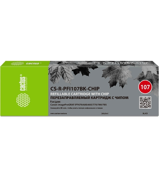 Картридж перезаправляемый струйный Cactus CS-R-PFI107BK-CHIP (260мл) для Canon imageProGRAF iPF670/680/685/770/780/785 с чипом