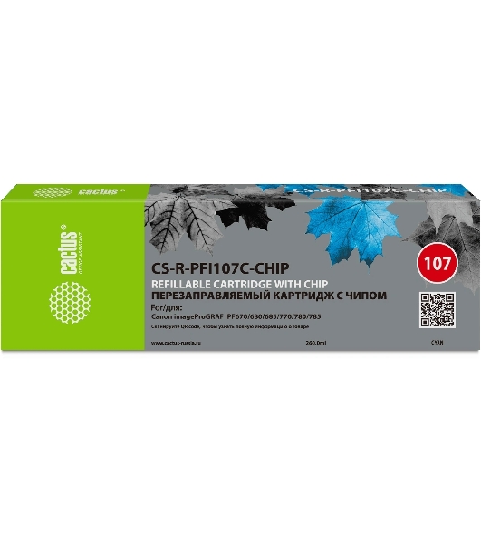 Картридж перезаправляемый струйный Cactus CS-R-PFI107C-CHIP голубой для Canon imageProGRAF iPF670/680/685/770/780/785