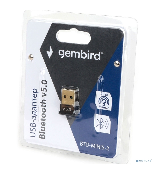 Адаптер Bluetooth Gembird, BTD-MINI5-2, ультратонкий корпус, v.5.0, 10 м, USB
