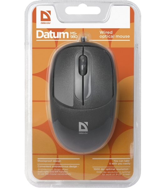 Мышь проводная Defender Datum MS-980 черный, 1000 dpi, USB, кнопки - 3