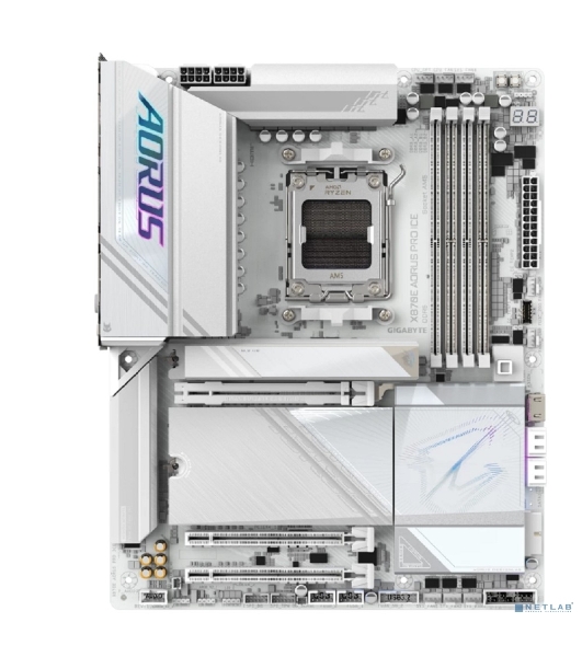 Материнская плата Gigabyte X870E AORUS PRO ICE, AM5, AMD X870E, 4xDDR5, 4xSATA, 4xM.2, 1xPCI-E 5.0 x16, 1xPCI-E 4.0 x4, 1xPCI-E 3.0 x4, 1xHDMI, 2xUSB-C, 1x 2.5Gb LAN, 2xUSB-A 3.2 Gen 2, 3xUSB-A 3.2 Gen 1, 2xUSB-A 2.0, 2x3.5 мм, TOSLINK, 7.1, 2xUSB4, 4xUSB-A 3.2 Gen 1, ATX