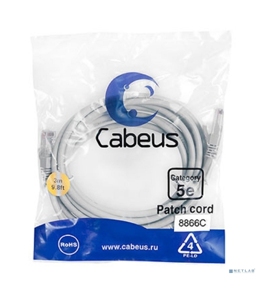 Шнур коммутационный Cabeus, Cat.5e, неэкр., U/UTP, RJ45/RJ45, LSZH, AWG24, 3м, серый