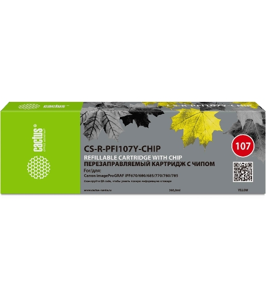 Картридж перезаправляемый струйный Cactus CS-R-PFI107Y-CHIP желтый (260мл) для Canon imageProGRAF iPF670/680/685/770/780/785 с чипом