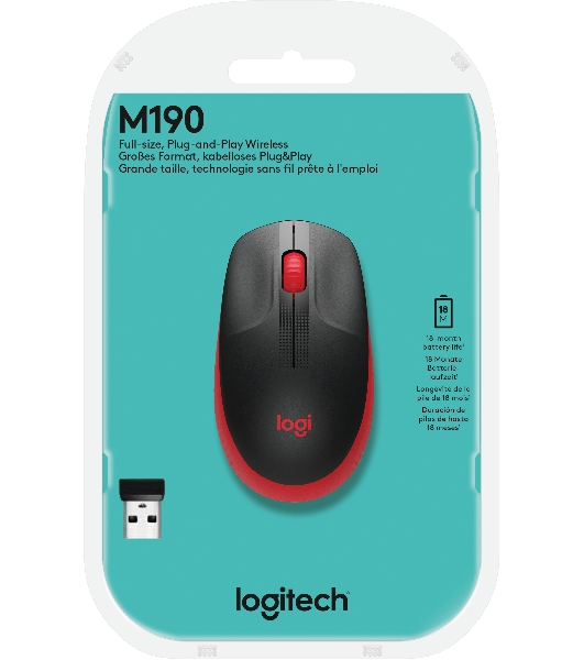 Мышь беспроводная Logitech M190 черный/красный, 1000 dpi, радиоканал, USB, кнопки - 3