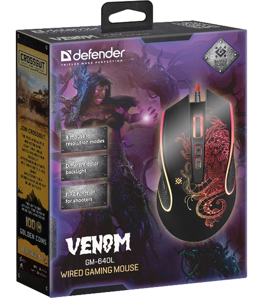 Мышь проводная Defender Venom GM-640L черный, 3200 dpi, USB, кнопки - 8