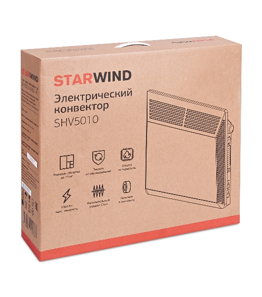 Конвектор электрический Starwind SHV5010, белый, 1000 Вт, 15 м2, термостат, 1 режим мощности