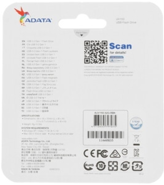 Флешка USB ADATA UV150 (AUV150-32G-RBK), 32Gb, USB 3.0, R/W 100/30, черный