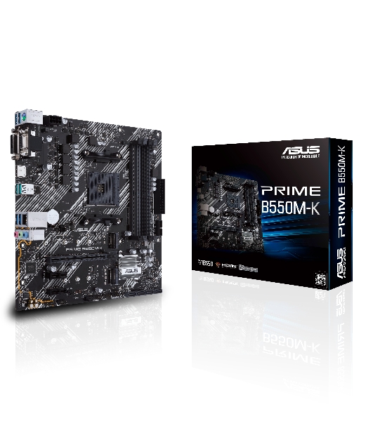 Материнская плата ASUS PRIME B550M-K, AM4, AMD B550, 4xDDR4, 4xSATA, 2xM.2, 1xPCIe 4.0 x16, 2xPCIe x1, 1xDVI-D, 1xHDMI, 1xVGA, 1x 1Gb LAN, 4xUSB 3.2 Gen 1, 2xUSB 3.2 Gen 2, 3x3.5 мм, 7.1, mATX