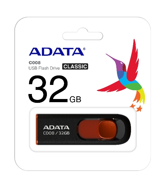 Флешка USB ADATA С008 (AC008-32G-RKD), 32Gb, USB 2.0, R/W 15/5, черный/красный