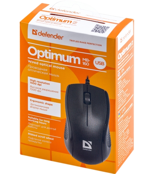 Мышь проводная Defender Optimum MB-160 черный, 1000 dpi, USB, кнопки - 3