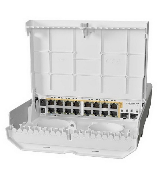 Коммутатор MikroTik Cloud Router Switch 318-16P-2S+OUT with 800MHz CPU, 256MB RAM, 16x Gigabit LAN with PoE-out, 2xSFP+ cages, RouterOS L5 or SwitchOS (dual boot), outdoor enclosure, mounting kit (power supply N