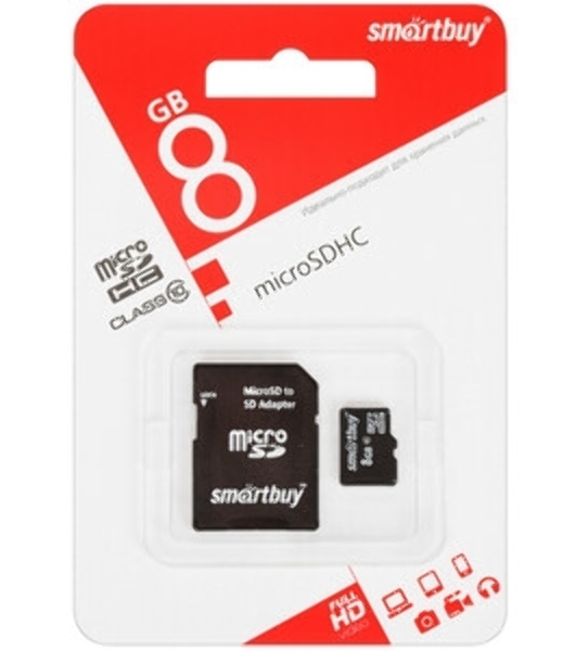 Флеш карта microSD 8Gb, Smartbuy microSDHC Class 10 (SD адаптер)