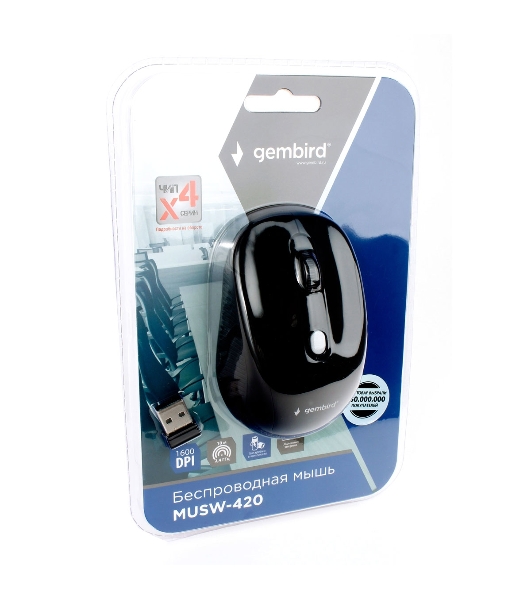Мышь беспроводная Gembird MUSW-420 черный, 1600 dpi, радиоканал, USB, кнопки - 4