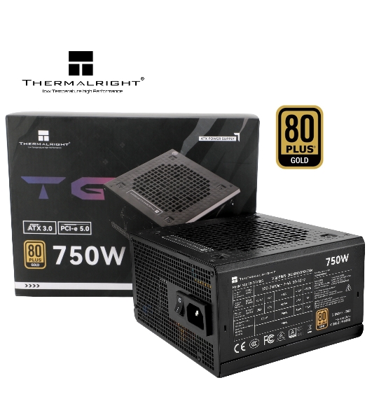 Блок питания Thermalright, 750W 80+ Gold (ATX, 3.0, PCIe 5.0, Non-modular, 1x24(20+4)pin, 1xCPU 8(4+4)pin, 2xPCIe*2 8(6+2)pin, 5xSATA3, 1x12+4pin (12VHPWR PCIe 5.0 12+4pin 600mm), 3xMOLEX4pin, Active, 120x120мм, 150x140x86mm, APFC, black)