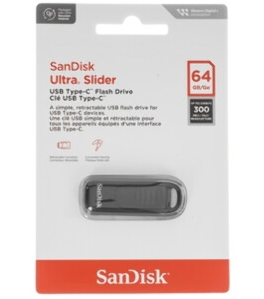 Флешка USB SanDisk Ultra Slider (SDCZ480-064G-G46), 64Gb, USB Type-C, R/W 300/70, черный