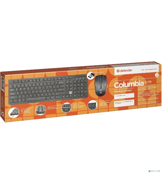 Комплект клавиатура+мышь Defender Columbia C-775 беспроводной, USB, 1600 DPI, чёрный