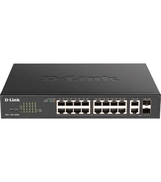 Коммутатор D-Link DGS-1100-18PV2/A, 16×1 Гбит/с + 2×1 Гбит/с SFP, настраиваемый