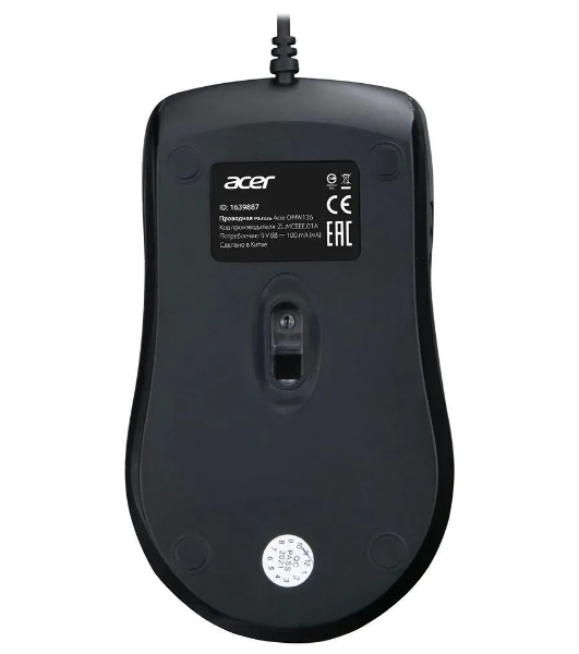 Мышь проводная Acer OMW136 черный, 1200 dpi, USB, кнопки - 3