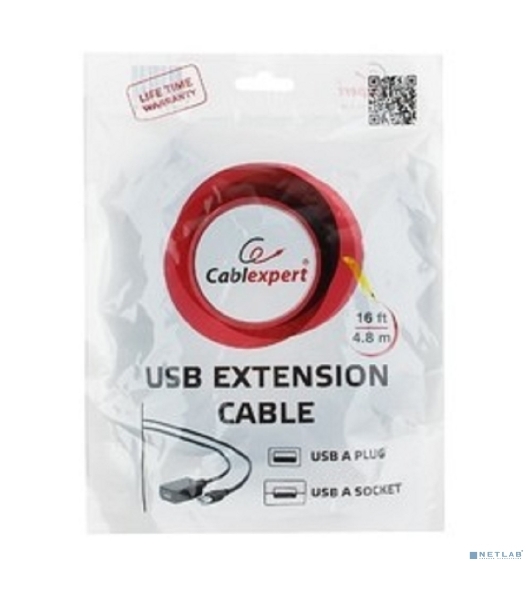 Кабель Gembird USB 2.0 удлинительный, активный 4.8м AM/AF, черный