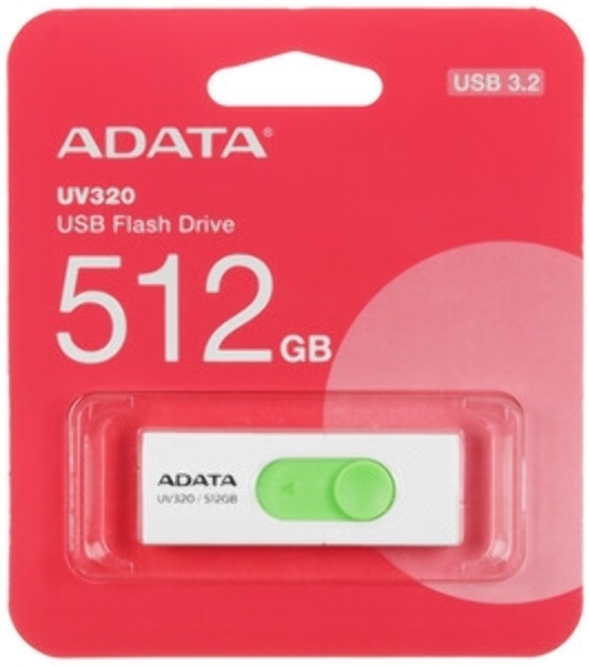 Флешка USB ADATA UV320 (AUV320-512G-RWHGN), 512Gb, USB 3.2 Gen1, R/W 100/30, белый/зеленый