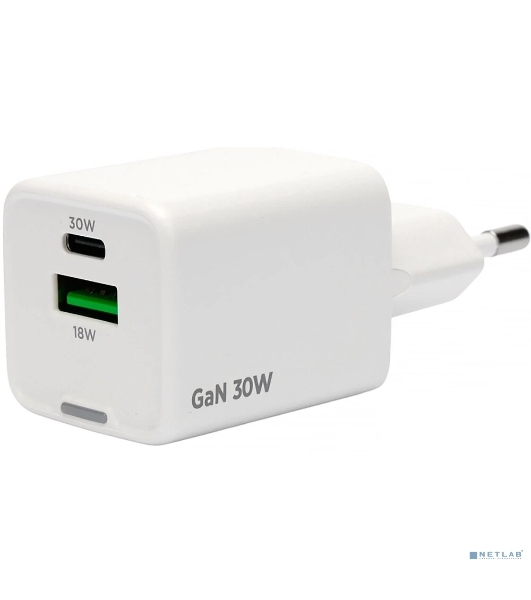 Зарядное устройство Cablexpert MP3A-PC-63, 30Вт GaN, 3А, QC4.0/PD, 1xUSB, 1xType-C, белый, пакет