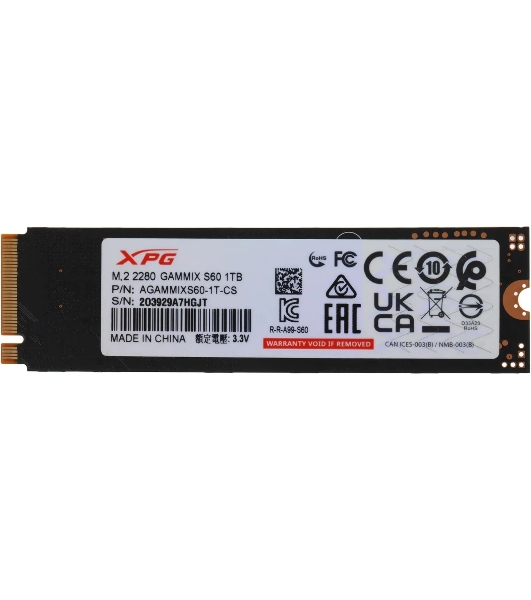 Накопитель SSD ADATA XPG GAMMIX S60, 1Tb, PCIe 4.0 x4, M.2 2280, NVMe, R/W 5000/3200, с радиатором