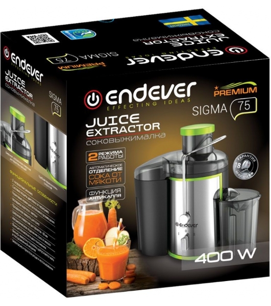 Соковыжималка Endever Sigma 75 серебристый, центробежная, 400 Вт, 450 мл, электронное