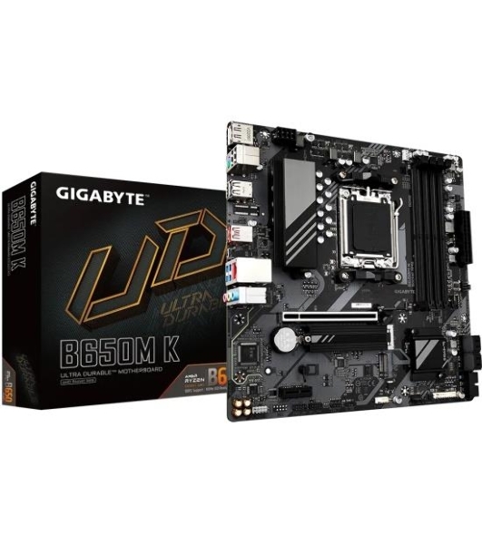 Материнская плата GIGABYTE B650M K, AM5, AMD B650, 4xDDR5, 4xSATA, 2xM.2, 1xPCIe 4.0 x16, 1xPCIe x1, 1xHDMI, 1xDP, 1x2.5Gb LAN, 1xUSB 3.2 Gen 2, 2xUSB 3.2 Gen 1, 4xUSB 2.0, 3x3.5 мм, 7.1, micro-ATX
