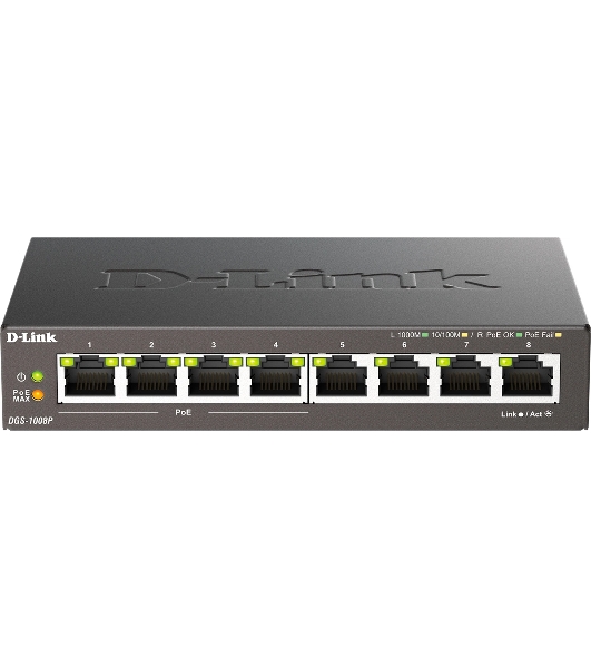 Коммутатор D-Link DGS-1008P/F3A, 8×1 Гбит/с, неуправляемый