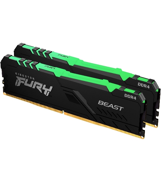 Оперативная память Kingston Fury Beast, DDR4, 32GB (2x16GB), 3200MHz, CL16, DIMM, с радиатором, RGB, черный