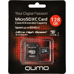 Флеш карта Micro SecureDigital 128Gb QUMO QM128GMICSDXC10U1 MicroSDXC Class 10 UHS-I, SD adapter