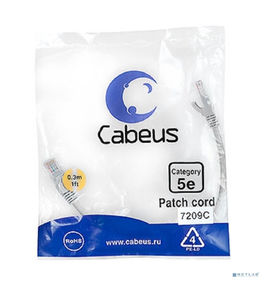 Шнур коммутационный Cabeus, Cat.5e, неэкр., U/UTP, RJ45/RJ45, PVC, AWG24, 0.3м, серый