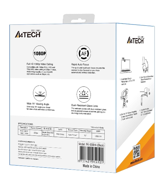 Веб-камера A4Tech PK-930HA 1920x1080, 30 кадр/с, USB Type-A, микрофон, автоматическая фокусировка, универсальное крепление