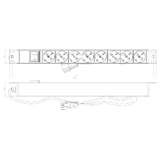 Hyperline SHE19-8SH-S-2.5IEC Блок розеток для 19' шкафов, горизонтальный, с выключателем с подсветкой, 8 розеток Schuko (10A), 250В, кабель питания 3х1.0мм2, длина 2.5 м, с вилкой IEC 320 C14, 482.6x4