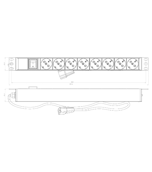 Hyperline SHE19-8SH-S-2.5IEC Блок розеток для 19' шкафов, горизонтальный, с выключателем с подсветкой, 8 розеток Schuko (10A), 250В, кабель питания 3х1.0мм2, длина 2.5 м, с вилкой IEC 320 C14, 482.6x4