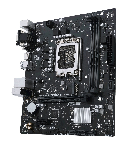 Материнская плата ASUS PRIME H610M-R D4-SI, LGA 1700, Intel H610, 2xDDR4, 4xSATA, 1xM.2 PCIe 3.0 x4, 1xPCIe 4.0 x16, 1xPCIe x1, 1xHDMI, 1xDVI, 1xVGA, 2xUSB-A 2.0, 2xUSB-A 3.2 Gen 1, 1x 1Gb LAN, 3x3.5 мм, 7.1, mATX