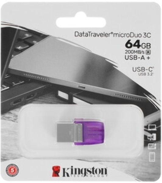 Флешка USB Kingston DataTraveler microDuo 3C (DTDUO3CG3/64Gb), 64Gb, USB 3.2 Gen 1/Type-C, R/W 200/15, фиолетовый