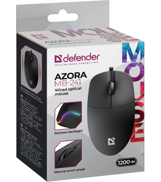 Мышь проводная Defender Azora MB-241 черный, 1200 dpi, USB, кнопки - 3