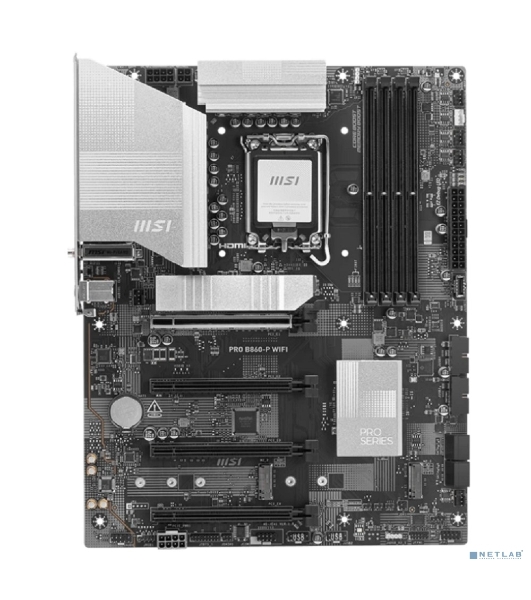 Материнская плата MSI PRO B860-P WIFI, LGA 1851, Intel B860, 4xDDR5, 4xSATA, 3xM.2, 1xPCIe 5.0 x16, 1xPCIe 4.0 x4, 2xPCIe 4.0 x1, 1xHDMI, 1xDP, 1xUSB-C, 1x 5Gb LAN, 2xUSB-A 3.2 Gen 2, 2xUSB-A 3.2 Gen 1, 4xUSB-A 2.0, 3x3.5 мм, 7.1, Wi-Fi 7, ATX
