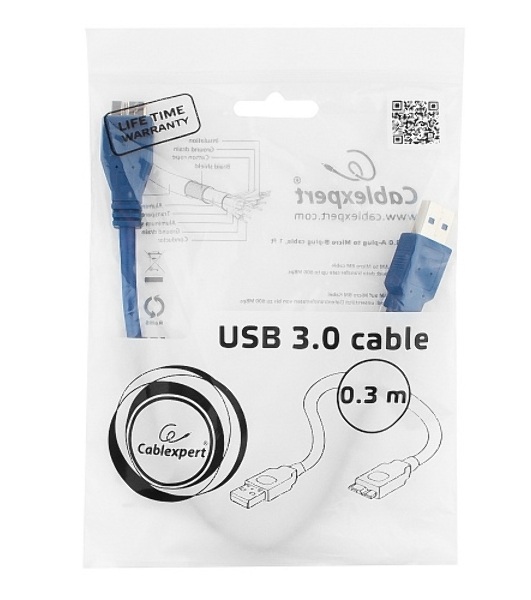 Кабель Gembird/Cablexpert USB 3.0 Pro, AM/microBM 9P, 30 см, экран, синий, пакет