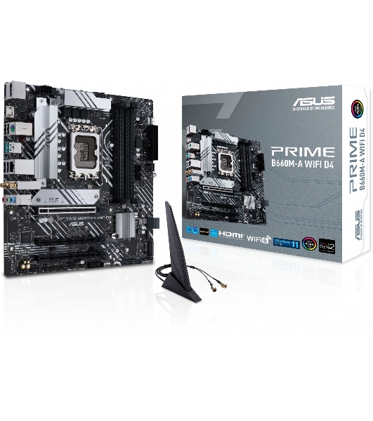 Материнская плата ASUS PRIME B660M-A WIFI D4, Socket LGA 1700, Intel B660, 4xDDR4, 4xSATA, 2xM.2, 1xPCIe 4.0 x16, 1xPCIe 3.0 x16, 1xDP, 2xHDMI, 1x 1Gb LAN, 2xUSB-A 3.2 Gen 2, 4xUSB-A 2.0, 3x3.5 мм, 7.1, mATX