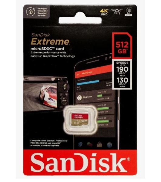 Флеш карта microSD 512Gb SanDisk microSDXC Class 10 UHS-I A2 C10 V30 U3 Extreme 190MB/s